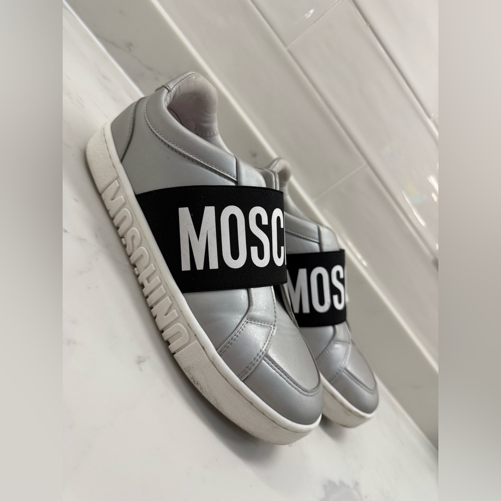 Moschino Silver and Black Logo Sneakers